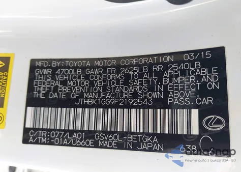2015 Lexus Es 350 from USA, damaged, VIN JTHBK1GG9F2192543